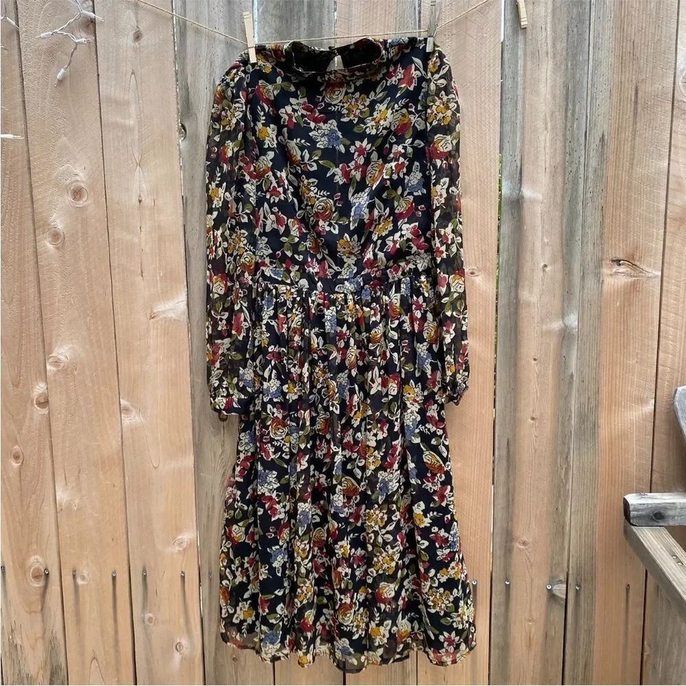 Topshop Black floral long sleeve midi Dress size 4